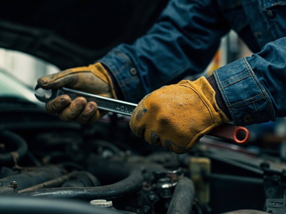 Mains gantées sur un moteur ouvert, clé en main